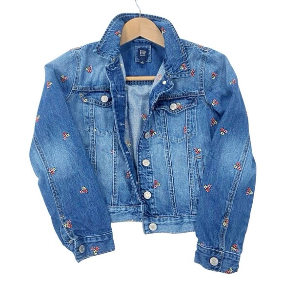 Gap Girls Floral Flowers Embroidered Denim Blue Jean Jacket Pocket XL - Picture 3 of 12